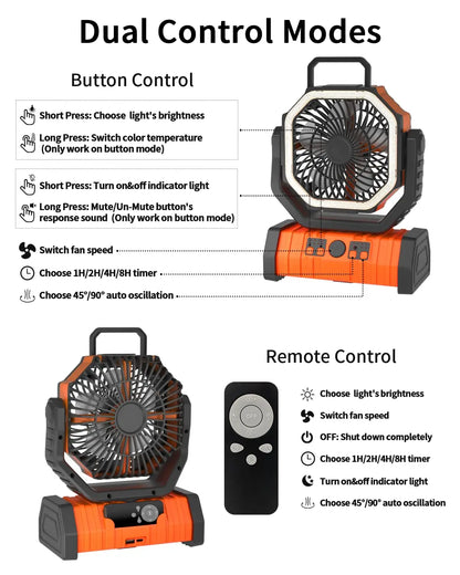 Portable 20000mAh Rechargeable Camping Fan with 270° Rotation & Hook