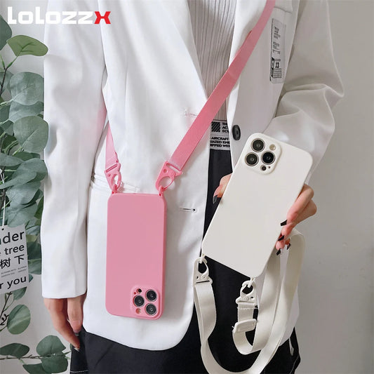 Crossbody Lanyard Phone Case for iPhone 15/14/13/12 Pro Max - Soft Silicone Cover