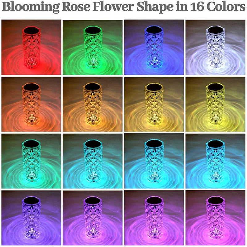 LED Crystal Rose Light - Touch Night Lamp, 16 Colors, USB