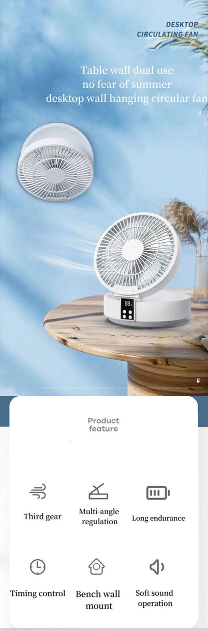 Rechargeable Wall-Hanging Fan with Remote & Nightlight - Portable Folding Design