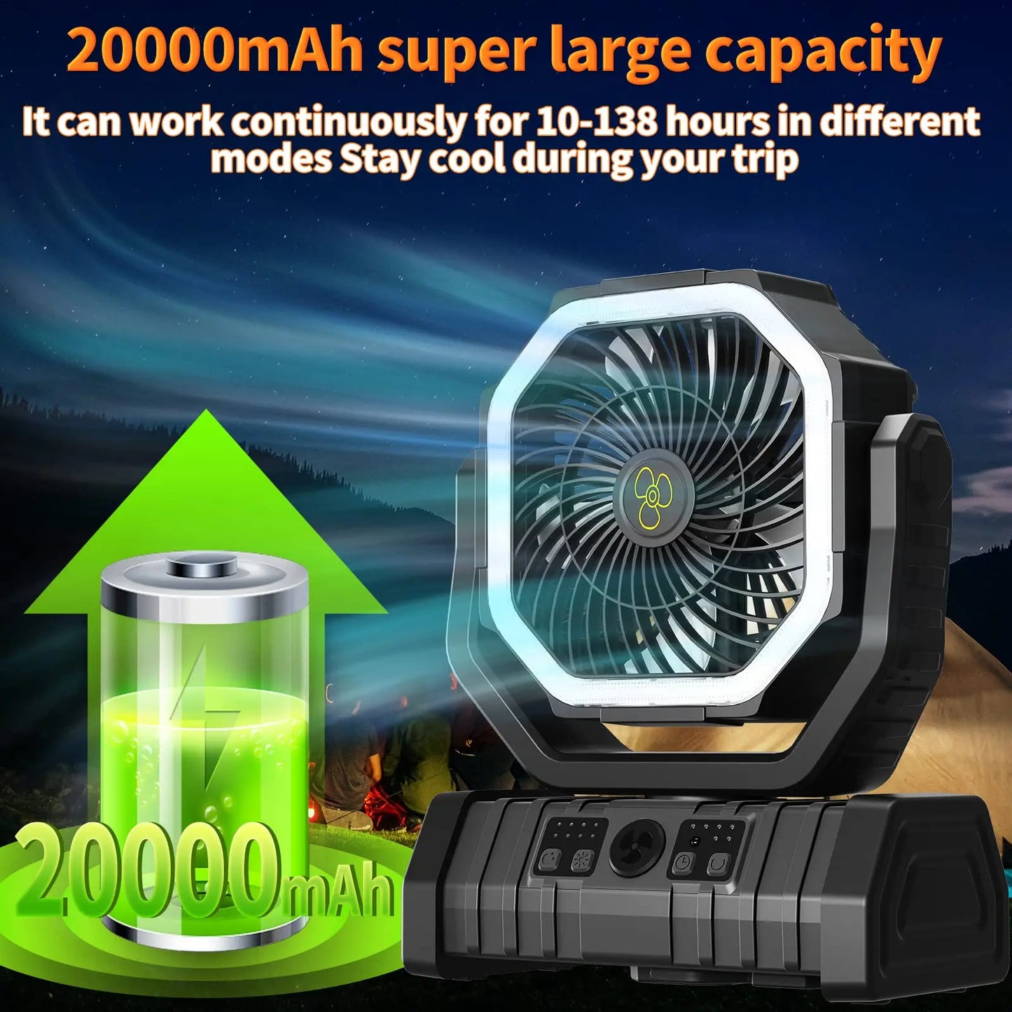 Portable 20000mAh Rechargeable Camping Fan with 270° Rotation & Hook