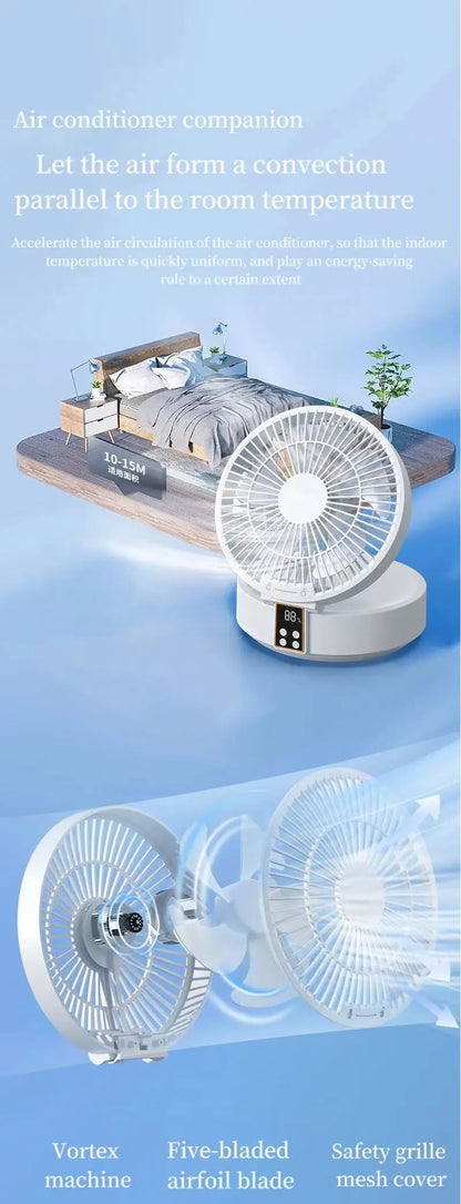 Rechargeable Wall-Hanging Fan with Remote & Nightlight - Portable Folding Design