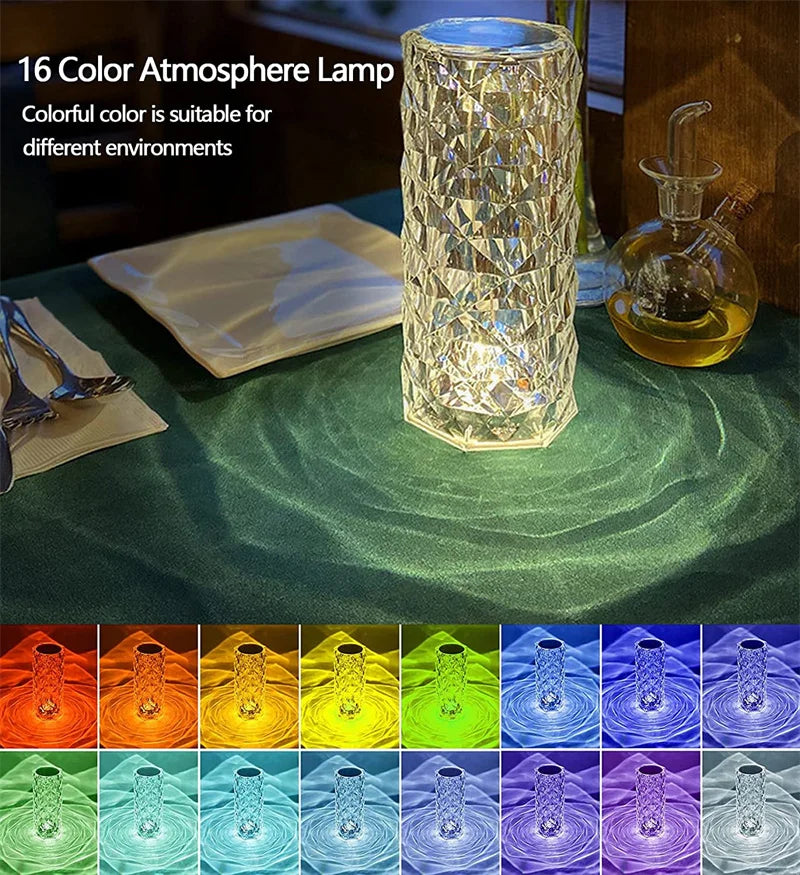 LED Crystal Rose Light - Touch Night Lamp, 16 Colors, USB