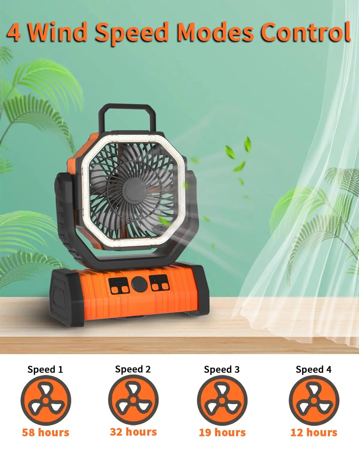 Portable 20000mAh Rechargeable Camping Fan with 270° Rotation & Hook