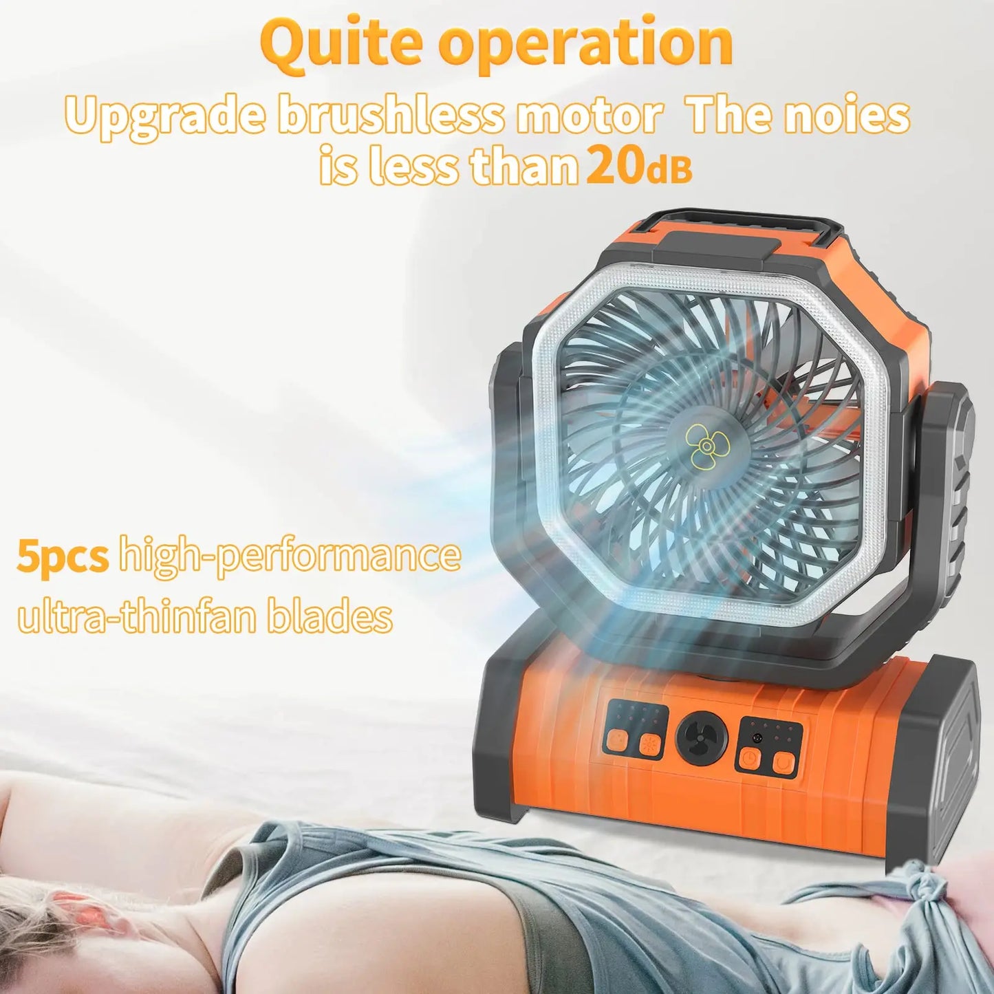 Portable 20000mAh Rechargeable Camping Fan with 270° Rotation & Hook