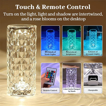 LED Crystal Rose Light - Touch Night Lamp, 16 Colors, USB